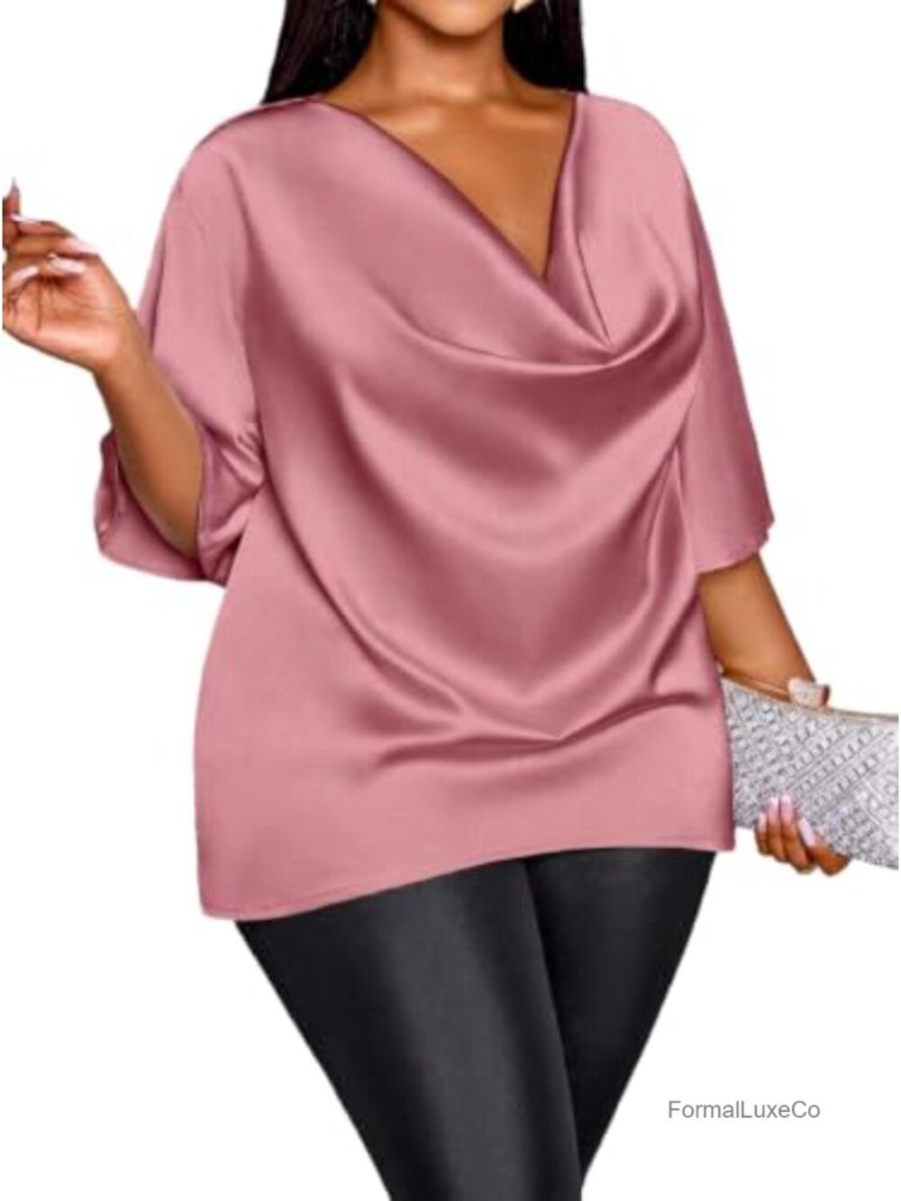 Satin Blouse Cowl Neck Short Sleeve Plus Size Women's Top